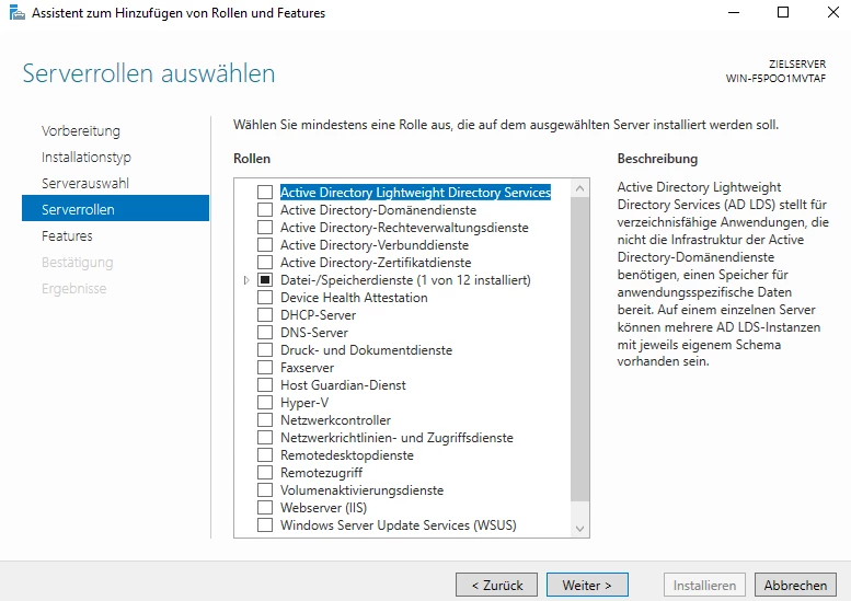 Windows-Server-Manager: Serverrollen-Auswahl; Active Directory Lightweight Directory Services ausgewählt.