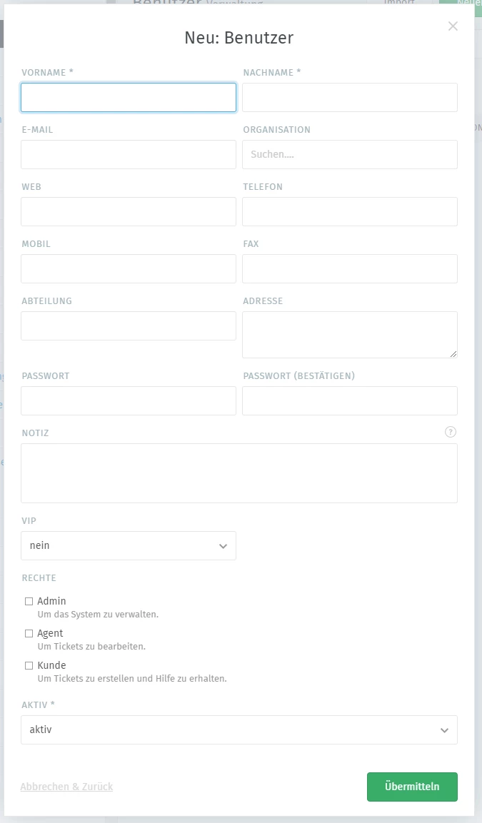 Screenshot eines Dialogs Neu: Benutzer mit Feldern Vorname, Nachname, E-Mail, Telefon, Mobil, Adresse, Passwort.