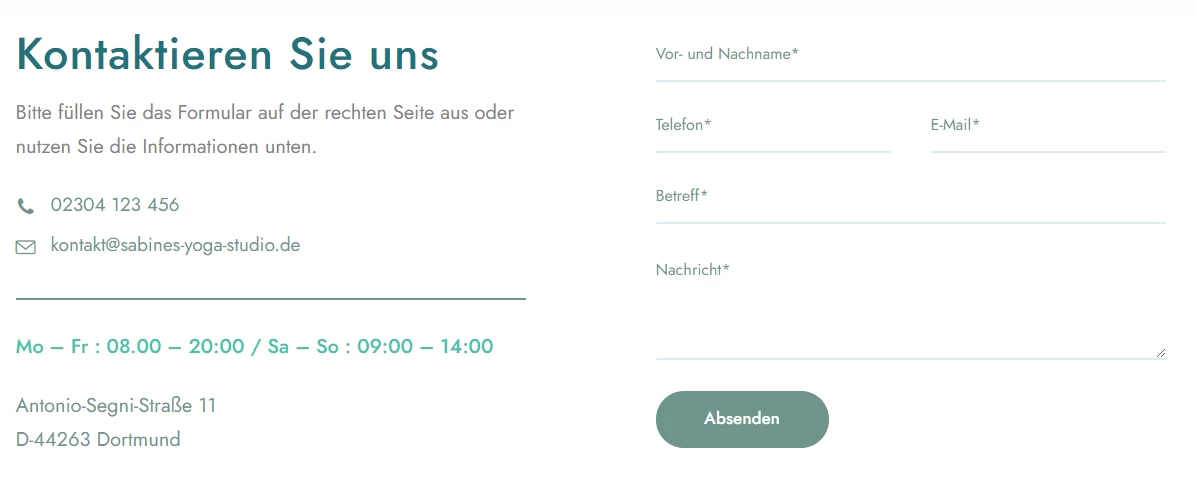 Linke Spalte mit Kontaktdaten: Telefon 02304 123 456, E-Mail kontakt@sabines-yoga-studio.de; rechte Spalte Formularfelder.