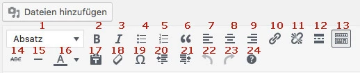 Screenshot einer Textverarbeitungs-Symbolleiste mit vielen Icons; oben links die Schaltfläche 'Dateien hinzufügen'.