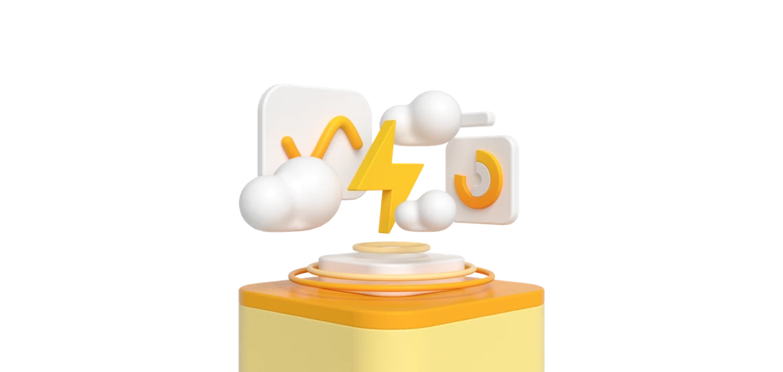 3D-Szene: gelber Sockel mit orangefarbener Oberseite, darüber eine gelbe Blitzform und weiße Wolkenformen.