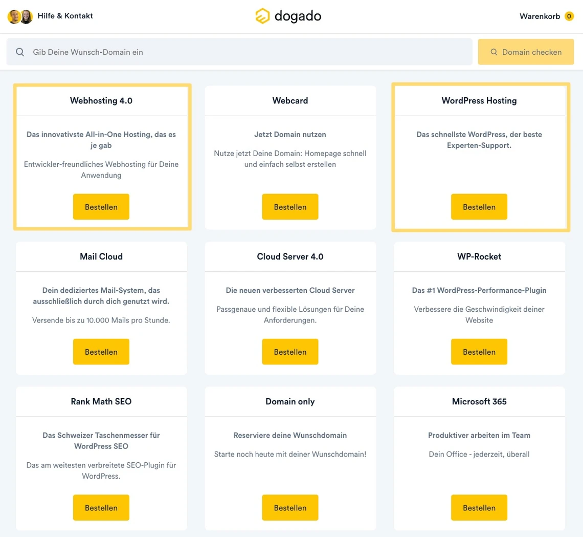 dogado-Produktseite mit neun Karten und gelben Bestellen-Buttons.