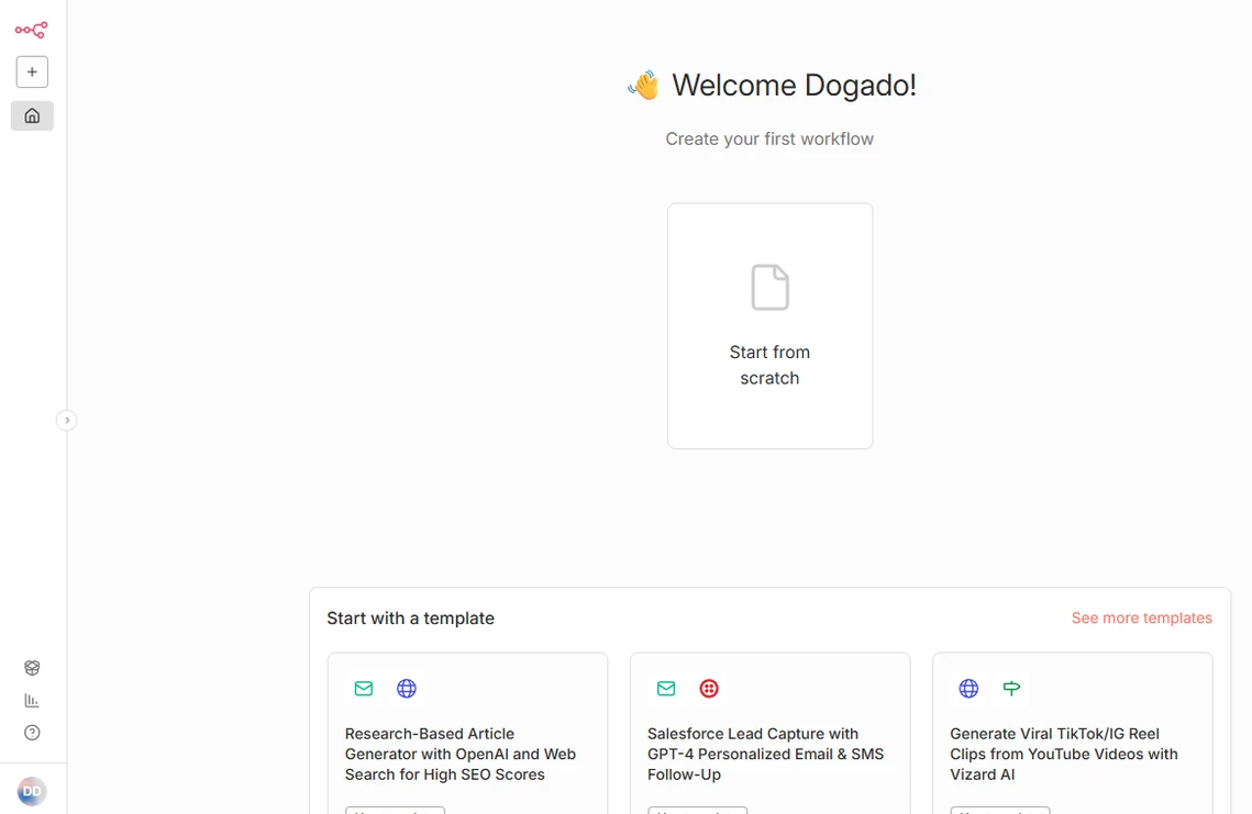 Helles Dashboard: linke vertikale Leiste, zentrale Karte 'Start from scratch' mit Dokument-Symbol, darunter Vorlagenkarten.