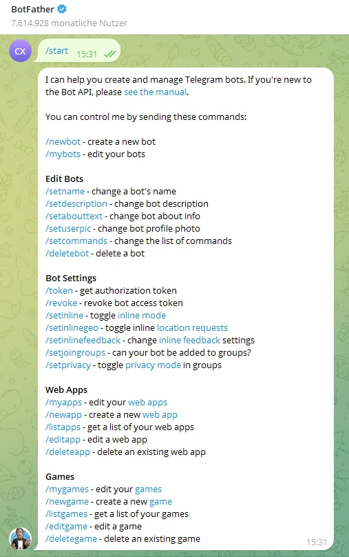 Screenshot eines Telegram-Chats mit BotFather, zeigt Befehlsliste: /start, /newbot, /setname, Bot Settings, Web Apps.