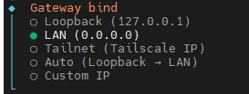 Gateway bind: Loopback 127.0.0.1, LAN 0.0.0.0 (ausgewählt), Tailnet IP, Auto (Loopback → LAN), Custom IP.