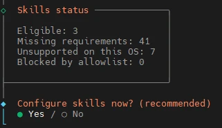 CLI-Fenster zeigt 'Skills status': Eligible 3, Missing requirements 41, Unsupported on this OS 7, Blocked by allowlist 0; 'Configure skills now?' Yes/No mit grünem Punkt.