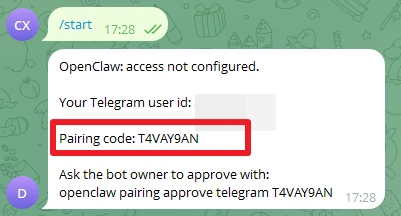 Chat-Screenshot: OpenClaw: access not configured. Pairing code: T4VAY9AN.