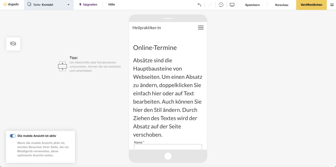 Webeditor-Screenshot: Smartphone-Preview mit Online-Termine, Seitenleiste, Cookie-Hinweis, gelber Veröffentlichen-Button.