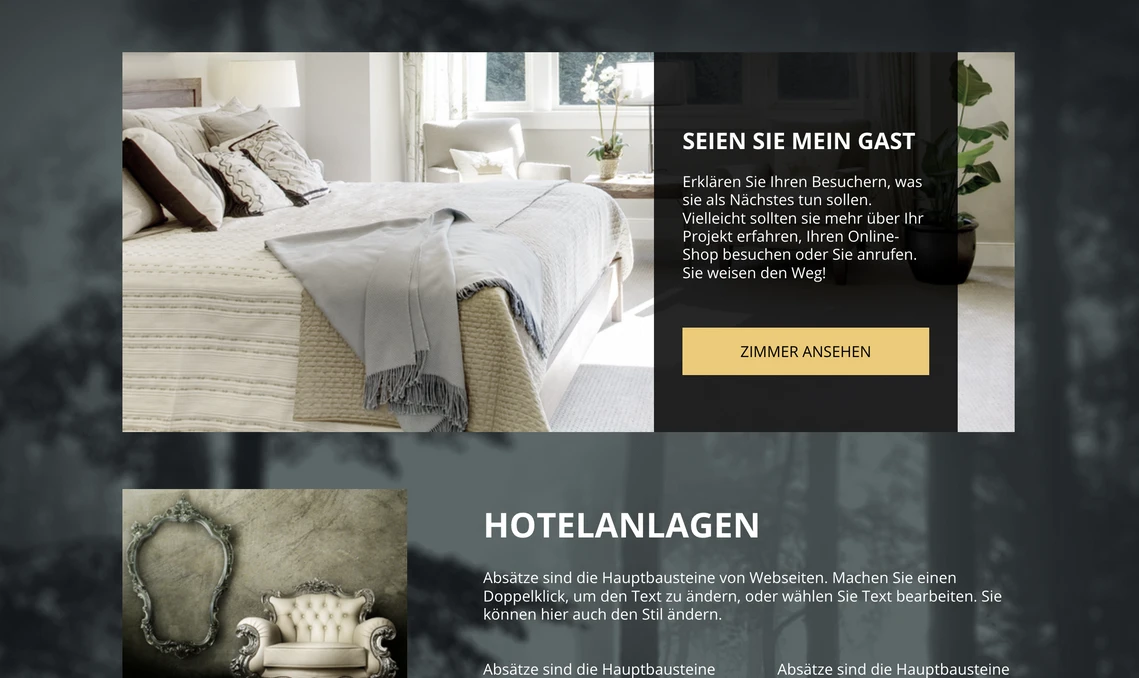 Webseite: links Bett im Schlafzimmer, rechts dunkler Textkasten mit gelbem Button; unten HOTELANLAGEN.