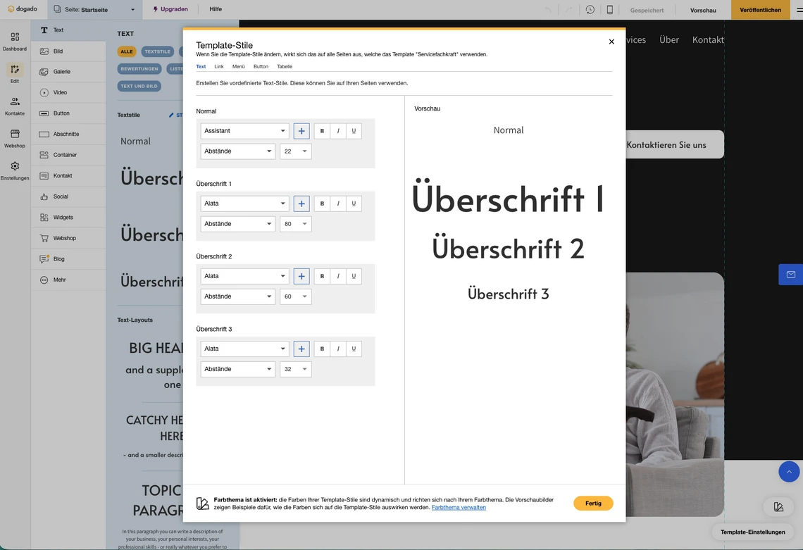Screenshot eines Design-Editors: linkes Menü, mehrere Fenster und ein Dialogfenster 'Template-Style' mit Überschriften.
