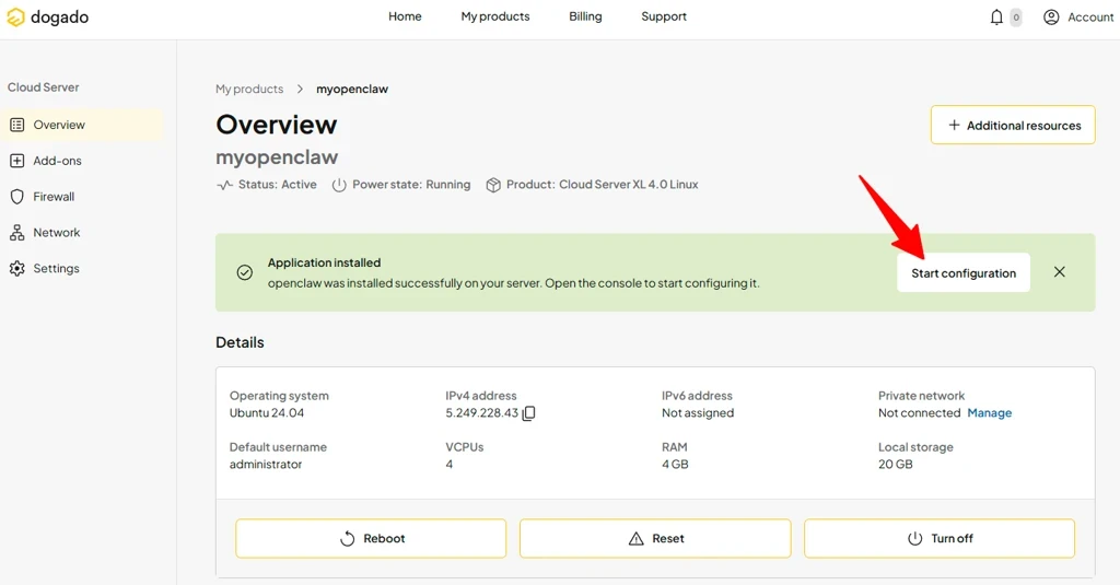 Server-Verwaltungsoberfläche: Grüner Hinweis 'Application installed' und Button 'Start configuration'; linke Leiste, Details, Reboot/Reset/Turn off.