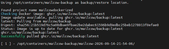 Terminalausgabe: Pfad /opt/containers/mailcow-backup; Docker-Image ghcr.io/mailcow/backup:latest wird gezogen.