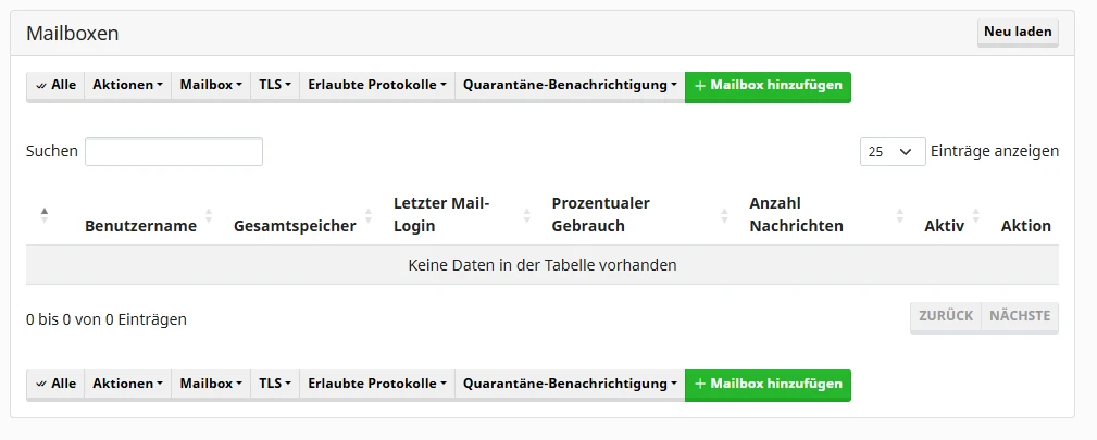 Screenshot einer Web-App zur Postfach-Verwaltung: Tabelle mit Benutzername, Speicher, Login, Nachrichten; keine Einträge.