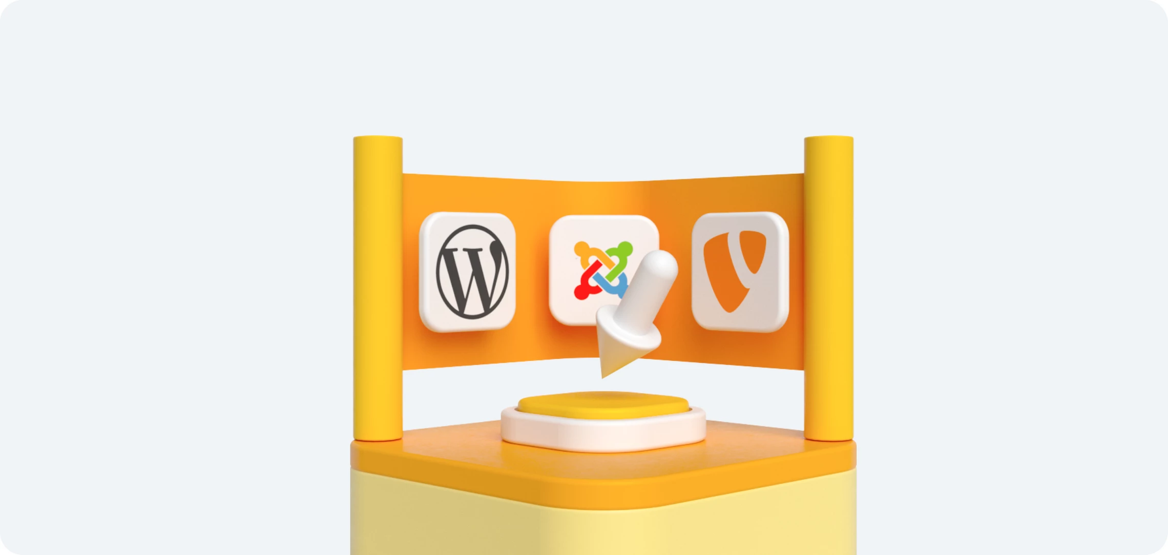 Orangenes Podest mit gelben Säulen, Banner mit drei quadratischen Logos; weißer Zeiger über einer runden gelben Fläche.