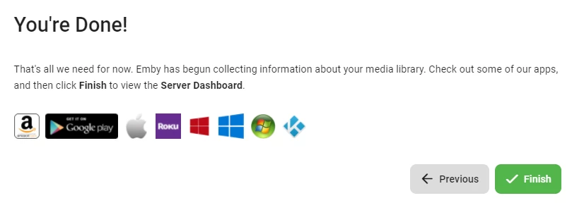 Seite mit Überschrift You're Done! und Text; Icons von App-Stores/Plattformen (Amazon, Google Play, Apple, Roku, Windows).