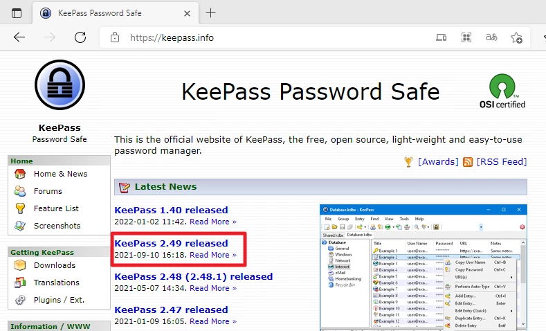 Screenshot der KeePass-Website: linkes Menü, Kopfzeile 'KeePass Password Safe' und News-Liste mit KeePass 2.49 released.