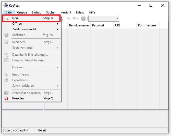 KeePass-Fenster mit geöffnetem Datei-Menü; Neu... markiert; leere Liste mit Spalten (Benutzername, Passwort, URL).