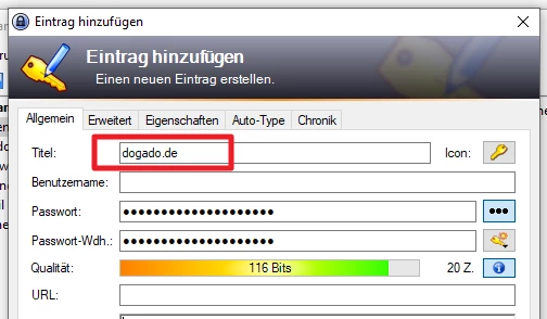 Screenshot eines Fensters 'Eintrag hinzufügen' mit dem Feld Titel gefüllt mit dogado.de; Felder für Benutzername, Passwort und URL; Farbbalken.
