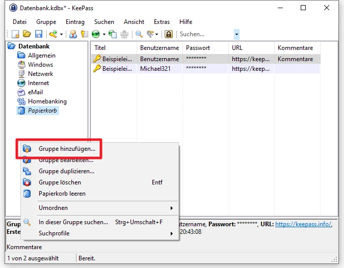 KeePass-Fenster mit linkem Gruppenbaum und Tabellenbereich; im Kontextmenü ist 'Gruppe hinzufügen...' rot markiert.