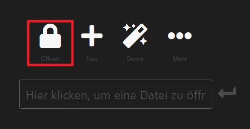 Dunkle UI mit Symbolleiste: rotes Rahmen-Schloss (Öffnen), Plus, Stift mit Funke (Demo), drei Punkte (Mehr); darunter Textfeld-Platzhalter.