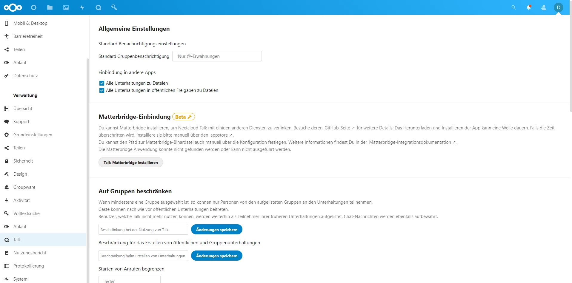 Screenshot einer Einstellungsseite: linke Navigationsleiste, rechter Bereich mit 'Allgemeine Einstellungen' und Checkboxen.