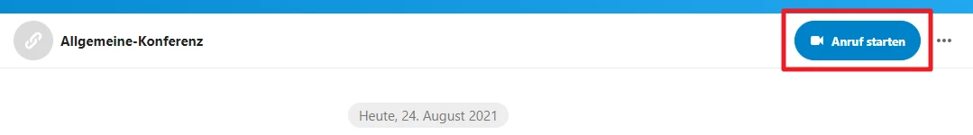 Screenshot einer Konferenz-App: blauer Kopfbereich, links Allgemeine-Konferenz, rechts blauer Button Anruf starten.