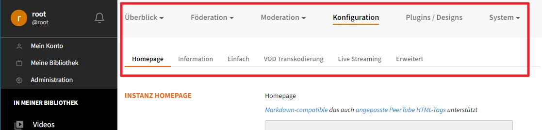 Web-Administrationsoberfläche mit linker Navigation, oberen Tabs (Überblick, Föderation, Moderation, Konfiguration) und rotem Rahmen.