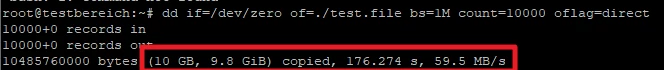 Terminalfenster mit root@testbereich:~#; df-Befehl, Fortschritt: (10 GB, 9.8 GiB) copied, 176.274 s, 59.5 MB/s