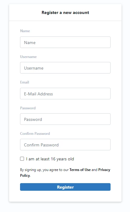Weiße Registrierungsseite mit Feldern Name, Username, E-Mail, Password, Confirm Password, Kontrollkästchen und blauem Button Register.