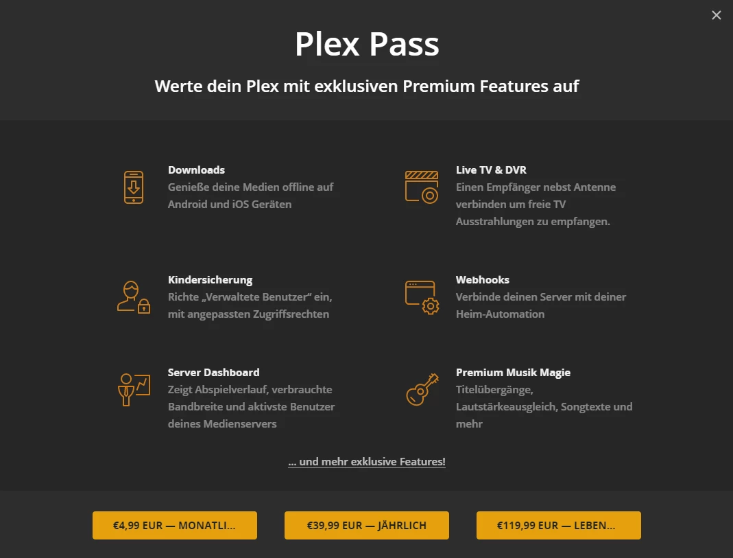 Dunkle Plex Pass-Seite mit Titel Plex Pass, sechs Funktions-Icons und drei Preis-Buttons unten.