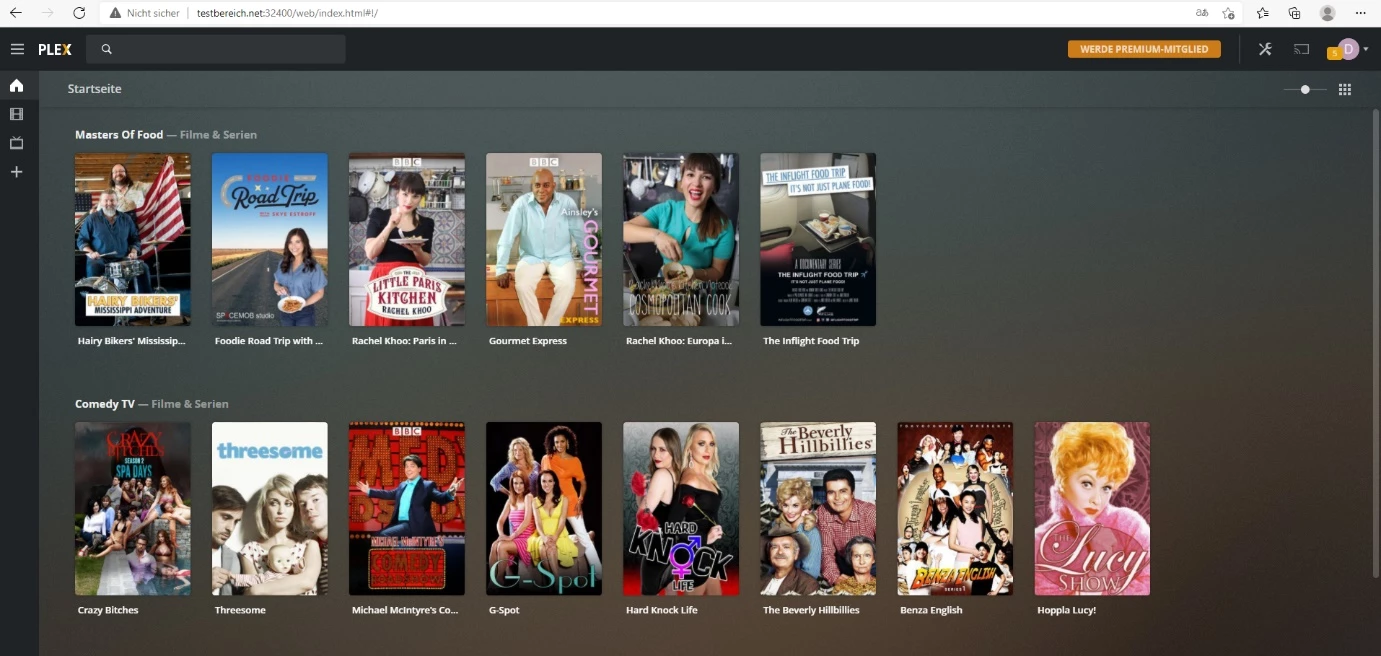 Screenshot einer PLEX-Bibliothek mit Poster-Kacheln in zwei Reihen auf dunklem Hintergrund; obere Leiste sichtbar.