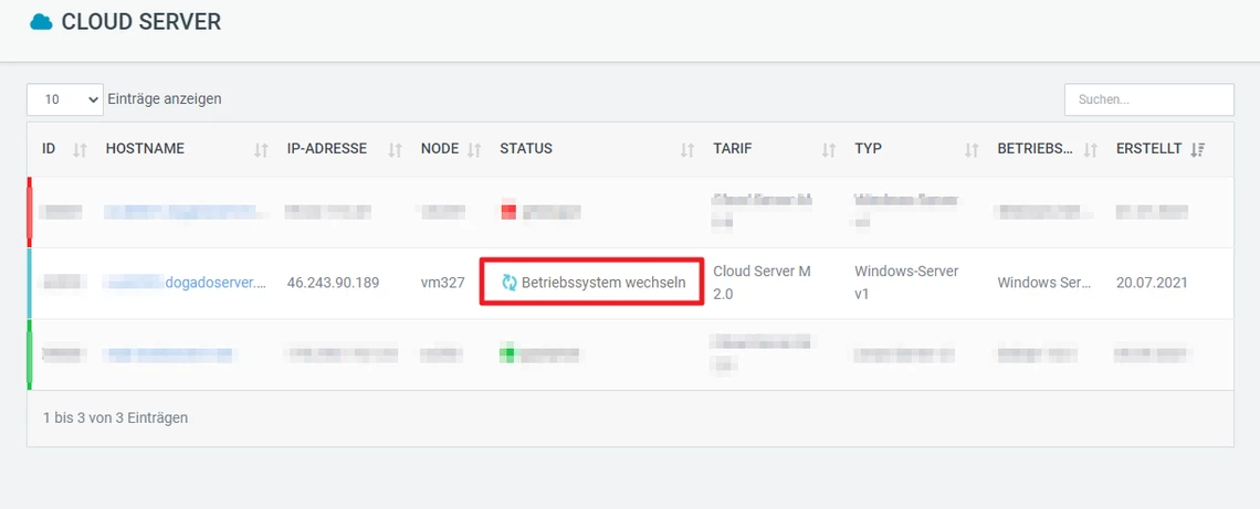 Screenshot einer Cloud-Server-Verwaltung mit hervorgehobener Schaltfläche 'Betriebssystem wechseln'.