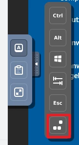 Vertikale UI mit Blautönen; links Icons, rechts Tastatur mit Ctrl/Alt/Win/Esc; roter Rahmen um Taste mit zwei Punkten.