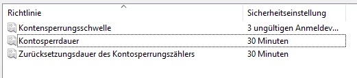 Richtlinie: Kontosperrungsschwelle 3 ungültige Anmeldungen; Kontosperrdauer 30 Minuten; Zurücksetzungsdauer des Kontosperrzählers 30 Minuten.