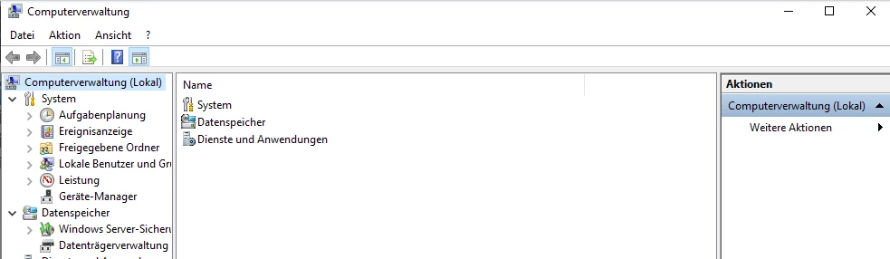 Screenshot der Windows-Computerverwaltung: linke Baumansicht, rechte Übersicht mit System und Aktionen.