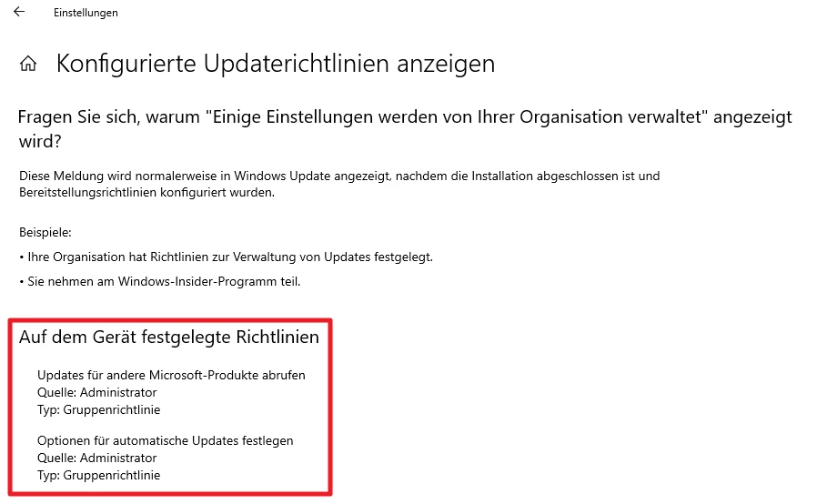 Windows-Einstellungsfenster, roter Rahmen um Richtlinieneinträge; Überschrift: Konfigurierte Updaterichtlinien anzeigen.