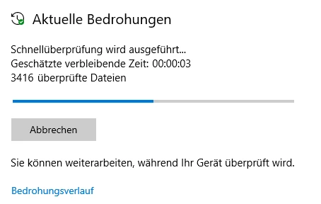 Fenster Aktuelle Bedrohungen mit Schnellüberprüfung, Restzeit 00:00:03, 3416 überprüfte Dateien, Fortschrittsbalken