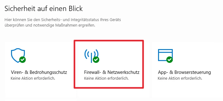 Sicherheitsübersicht: Viren- & Bedrohungsschutz; Firewall- & Netzwerkschutz; App- & Browsersteuerung – Keine Aktion erforderlich.