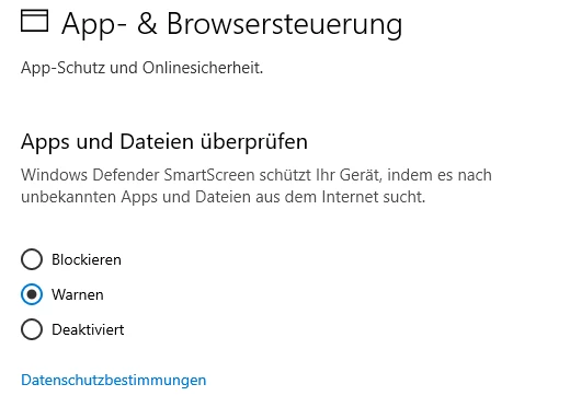 App- & Browsersteuerung: Abschnitt Apps und Dateien überprüfen mit drei Optionen: Blockieren, Warnen (ausgewählt), Deaktiviert.