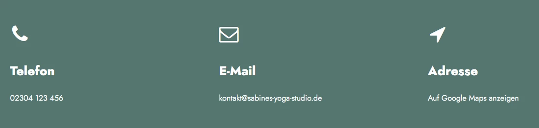 Dreispaltige Kontaktanzeige: links Telefon 02304 123 456; Mitte E‑Mail; rechts Adresse Auf Google Maps anzeigen.