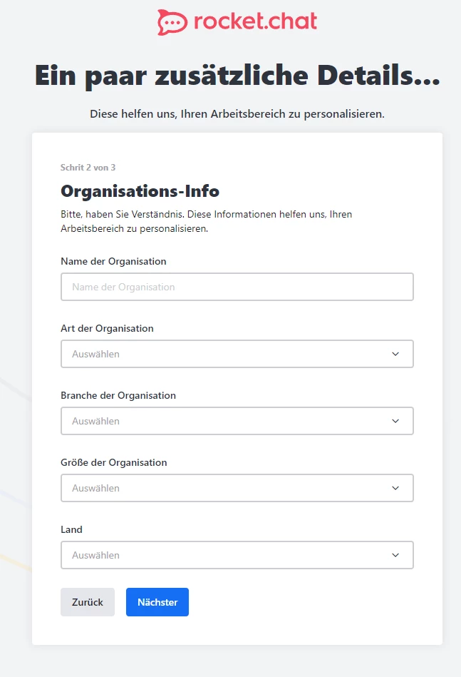Screenshot einer UI mit Formular 'Organisations-Info': Felder Name, Art, Branche, Größe, Land; Zurück & Nächster