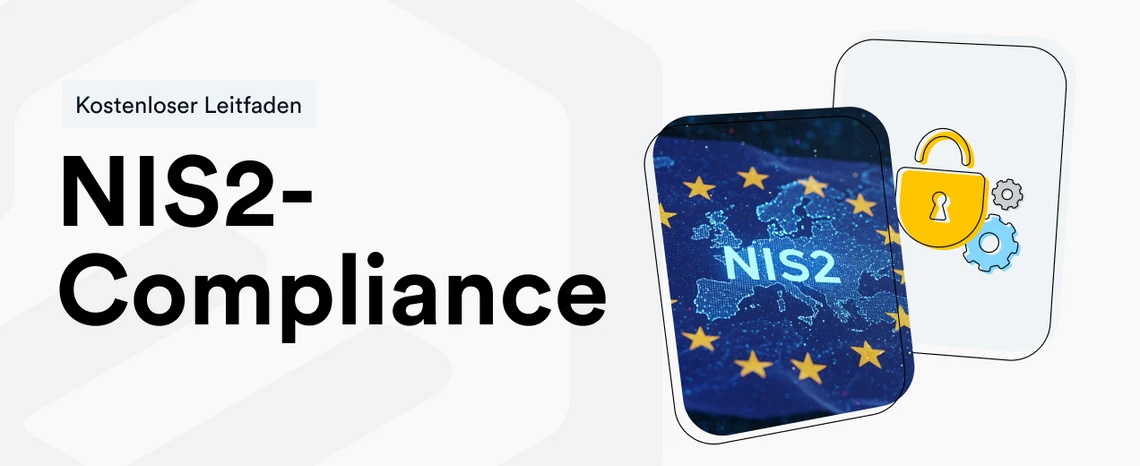 Banner mit NIS2-Compliance; rechts zwei Objekte: Smartphone mit EU-Flagge und NIS2, Schloss-Icon.