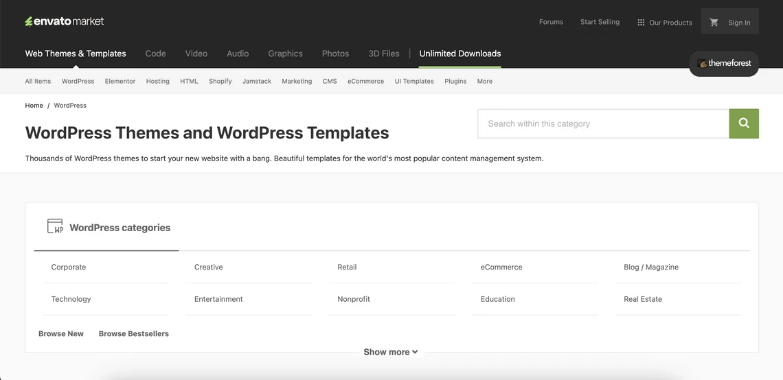 Screenshot der Website ThemeForest