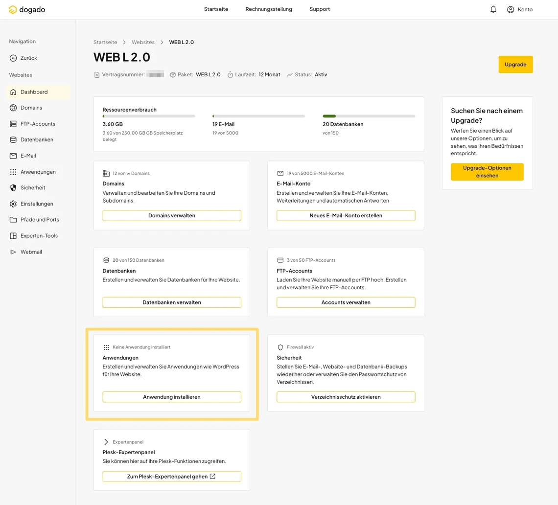 Screenshot eines dogado-Dashboards: linke Navigationsleiste, weiße Karten mit Domains, Datenbanken und E-Mails.
