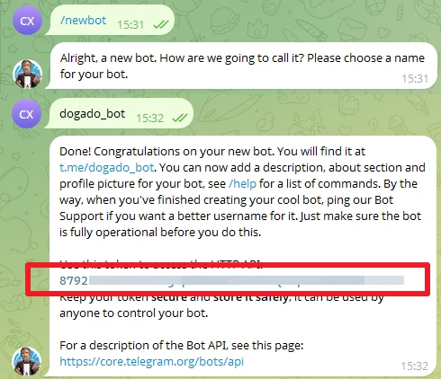 Telegram-Chat mit grünen Blasen; Avatare links (CX, Bot); Text zur Bot-Erstellung; 8792 in roter Umrandung.