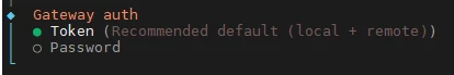 Dunkles Terminal-/Code-UI mit Auswahl: Gateway auth, Token (Recommended default (local + remote)), Password.