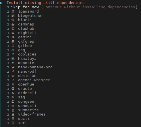 Dunkles Terminalfenster mit Überschrift Install missing skill dependencies und Checkbox-Liste von Paket-Namen.