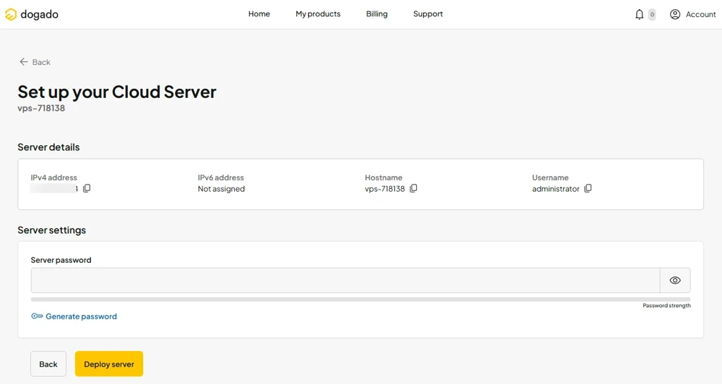 Weboberfläche zur Cloud-Server-Einrichtung: IP (nicht zugewiesen), Hostname, Benutzername, Passwort; Deploy-Server-Button.