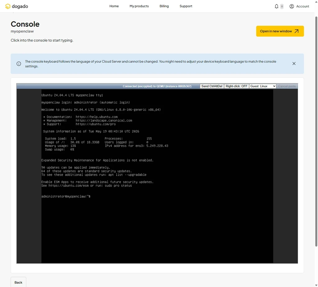 Screenshot einer Webseite mit Console: schwarzes Terminalfenster im grauen Rahmen, weißer Text, Dogado-Logo.