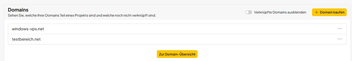 Screenshot einer Domain-Verwaltungsseite mit den Domains windows-vps.net und testbereich.net.